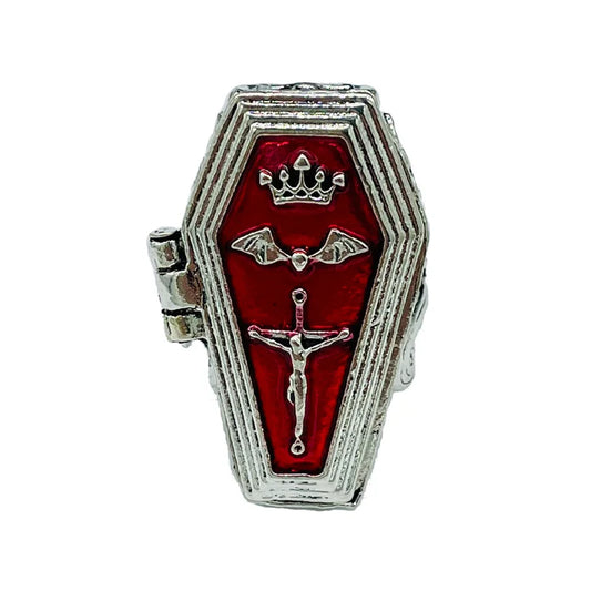 Retro Punk Vampire Coffin Ring – Gothic Cross Bat Design with Red Gem